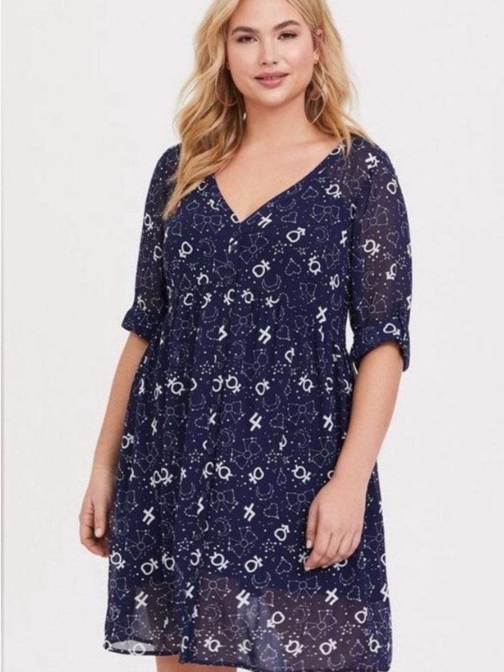 torrid Navy V-Neck Printed Babydoll Midi Dress
